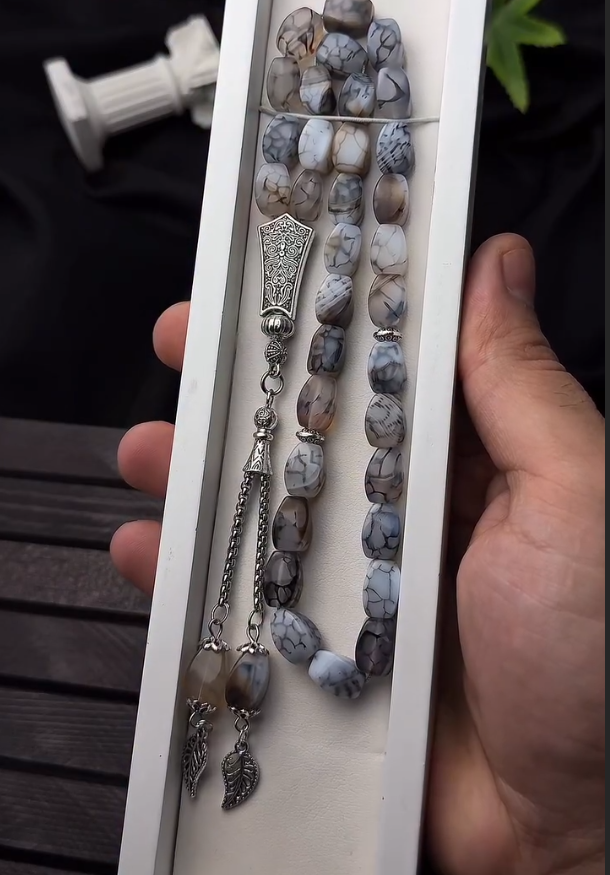 REAL White Agate Stone Islamic Prayer 33 beads Tasbih Misbaha Rosary Tasbeeh