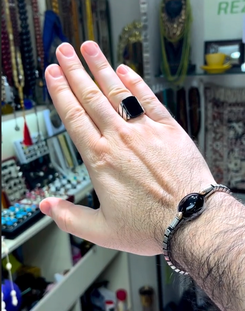 Black Zircon Stone Men's Silver Ring With Black Zircon Bracelet