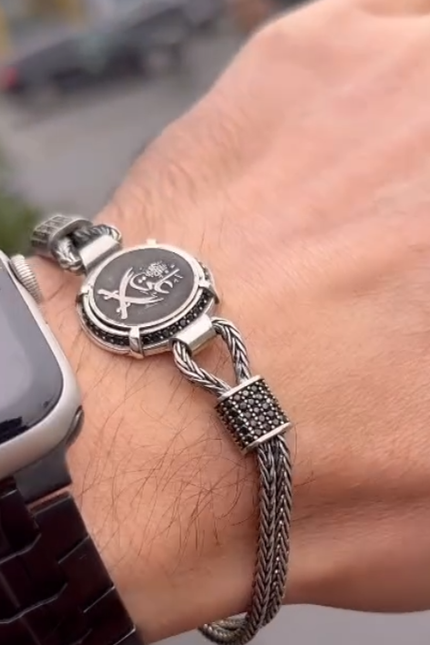 Silver Ali Zulfiqar Bracelet, 925 Curb Chain Men Bracelet, Engraved Chain Bracelet, Sword Zulfiqar Bracelet, Gift For Men